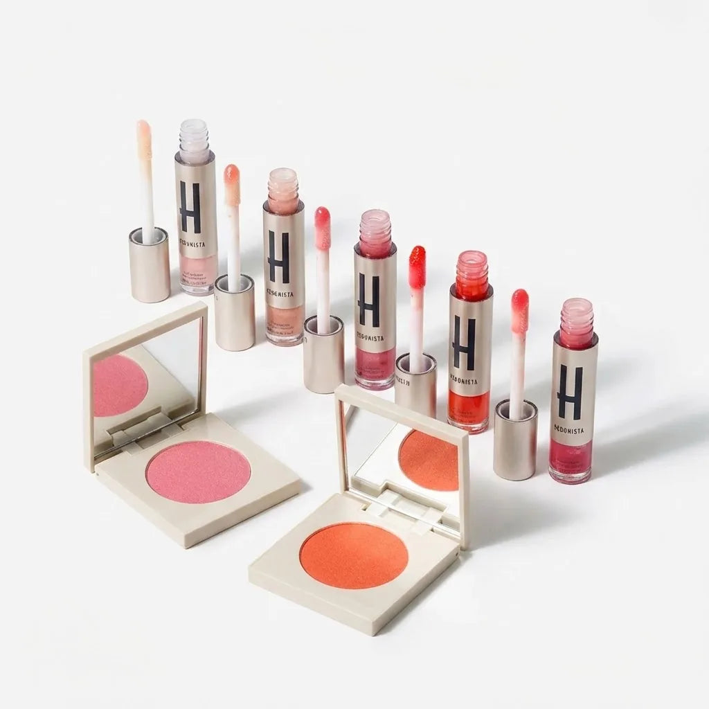 Zestaw Hedonista róż do policzków i błyszczyk do ust – prezentacja odcieni i aplikatorów